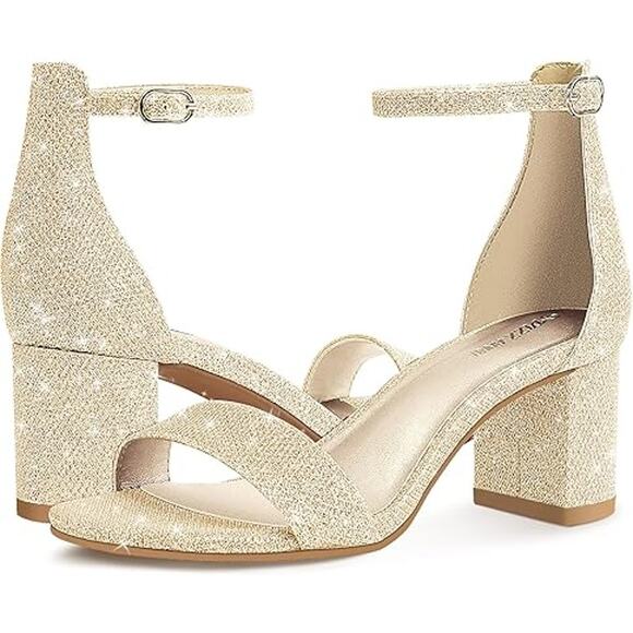 Pizz Annu Womens 6 Gold Glitter Ankle Strap 2" Block Heel Open Toe Sandal Shoes - Picture 2 of 7